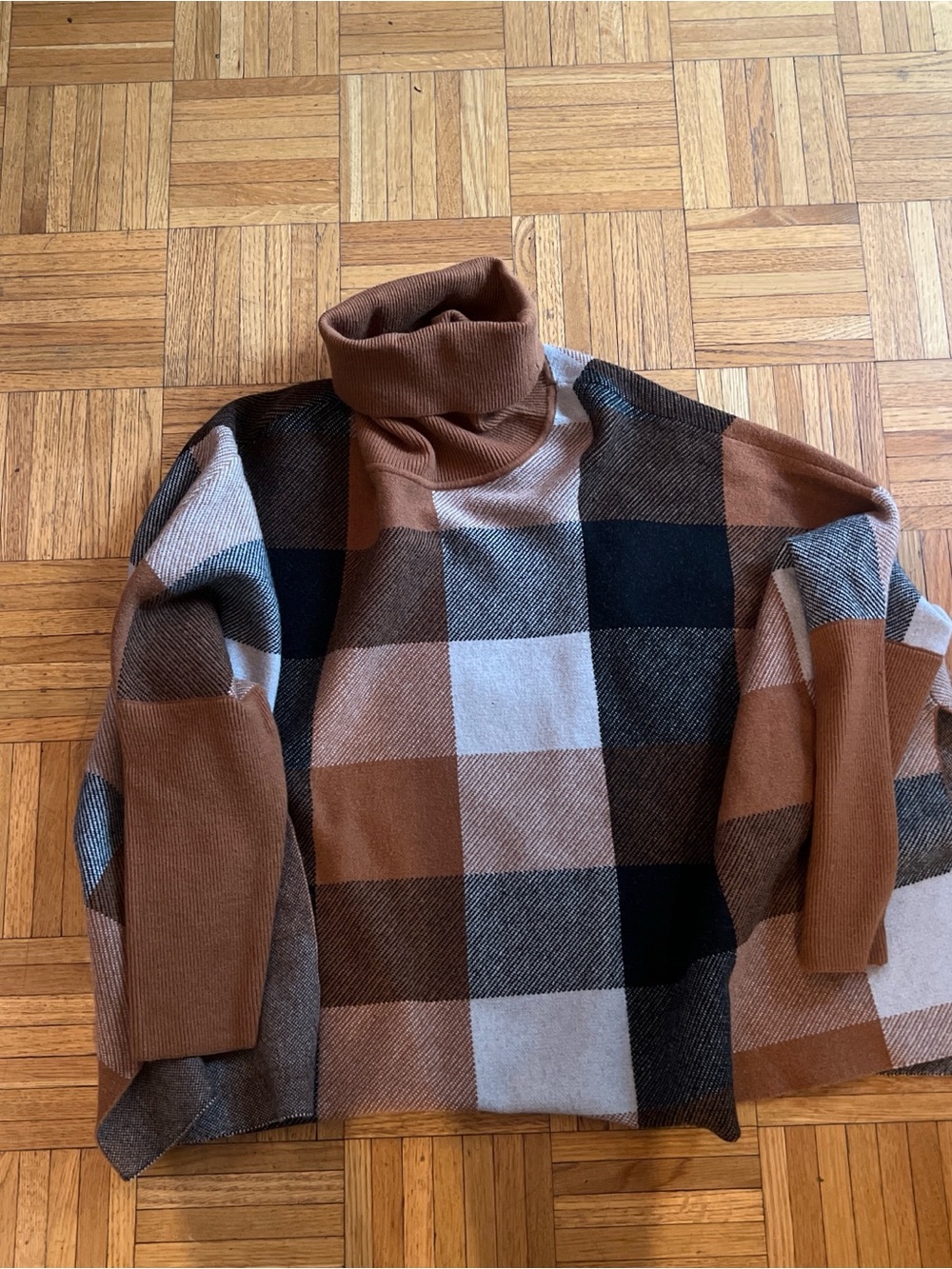 Impressions Brown, Black & Cream Plaid Turtleneck Cape Sweater
